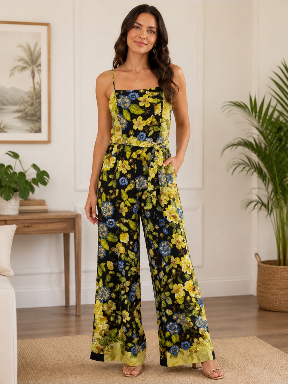 New Farm Rio Floral Wide Leg Jumpsuit Tropical Print Belted Sleeveless Size M